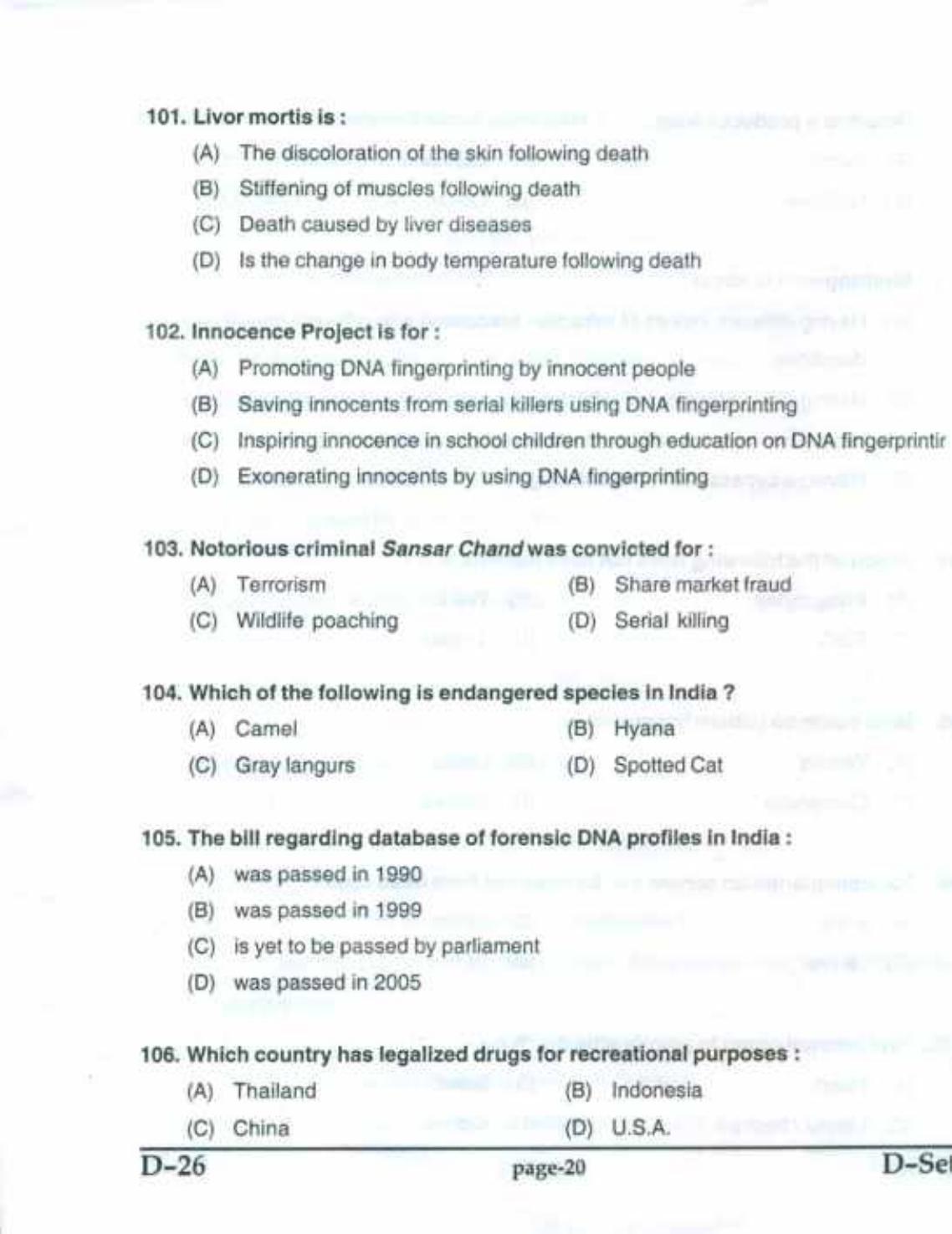 PU CET(PG) 2017: M.Sc. Forensic Science & Criminology SET D Question Paper - Page 20