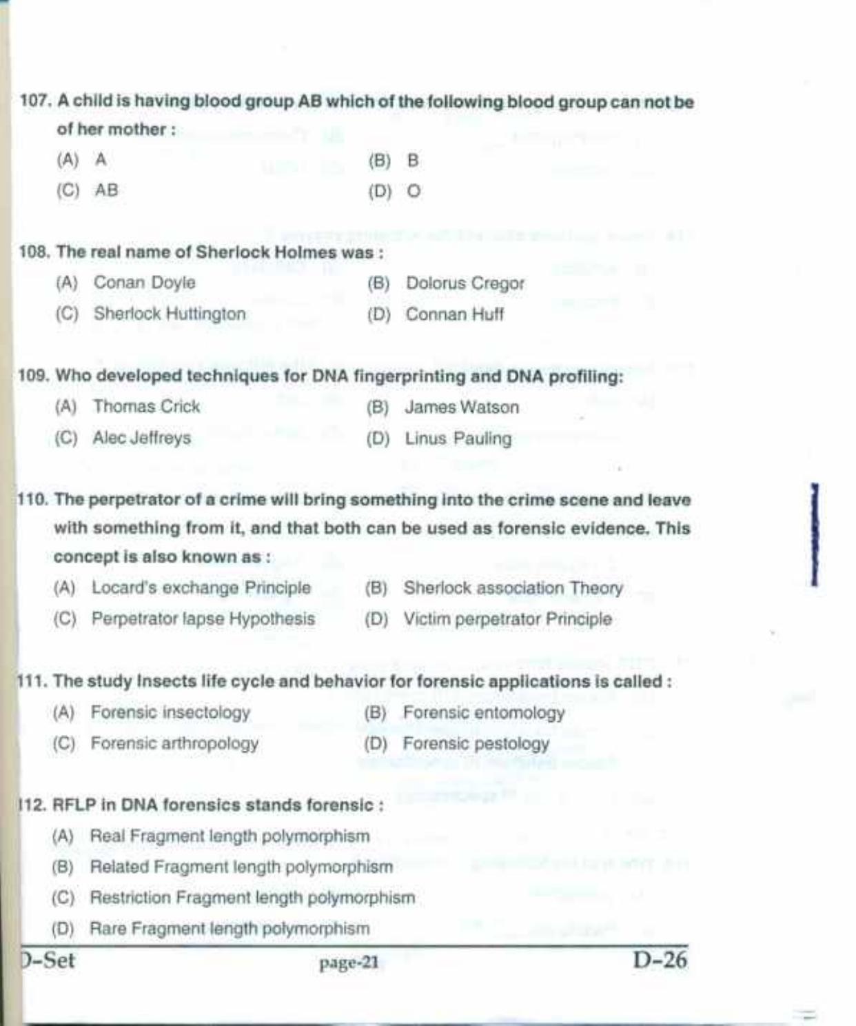 PU CET(PG) 2017: M.Sc. Forensic Science & Criminology SET D Question Paper - Page 21