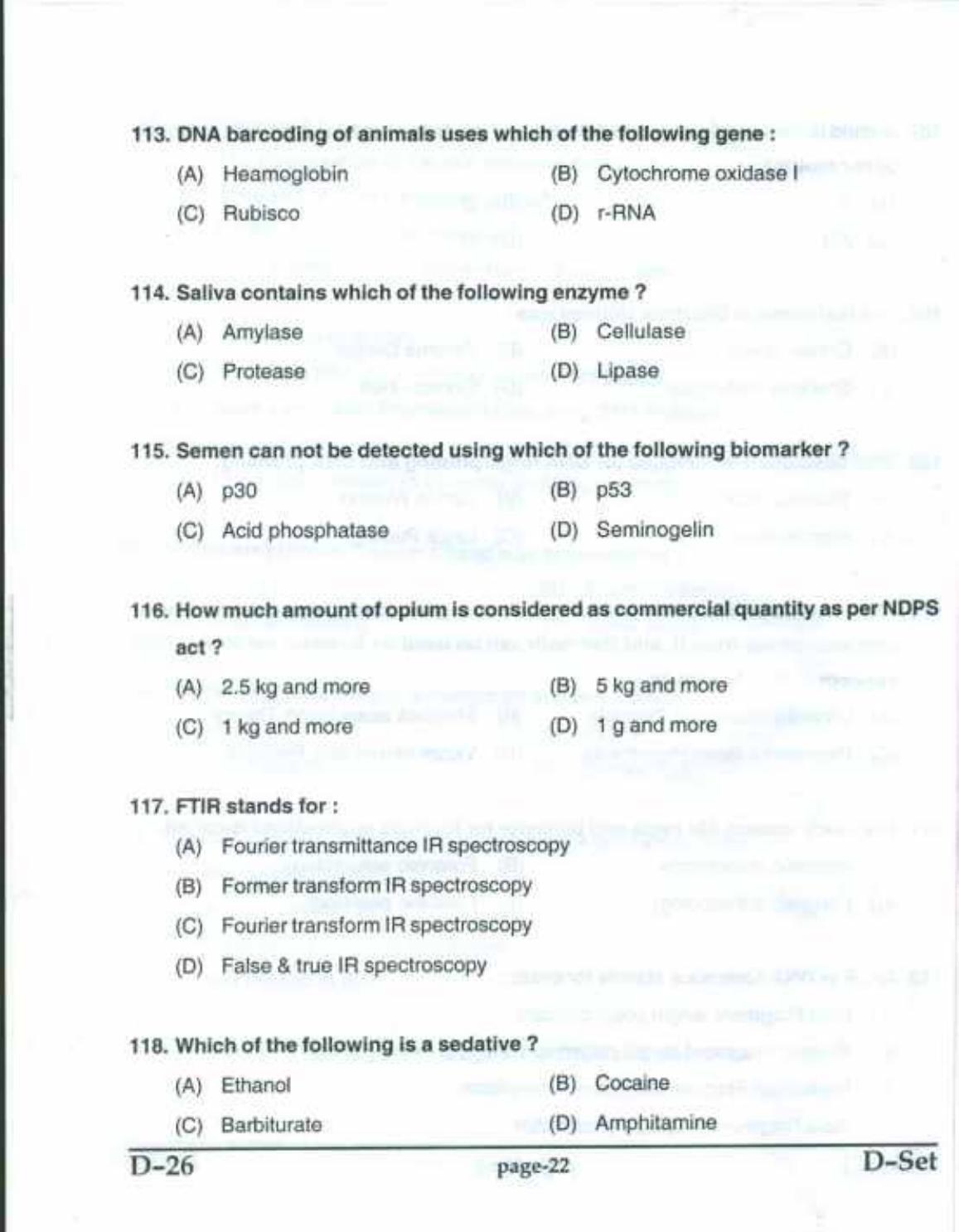 PU CET(PG) 2017: M.Sc. Forensic Science & Criminology SET D Question Paper - Page 22