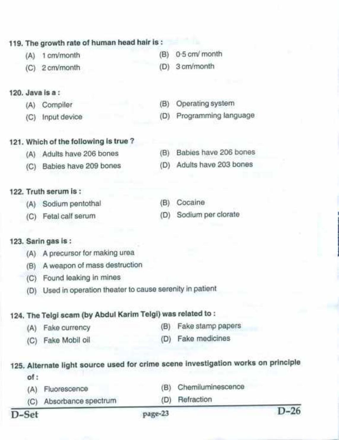 PU CET(PG) 2017: M.Sc. Forensic Science & Criminology SET D Question Paper - Page 23