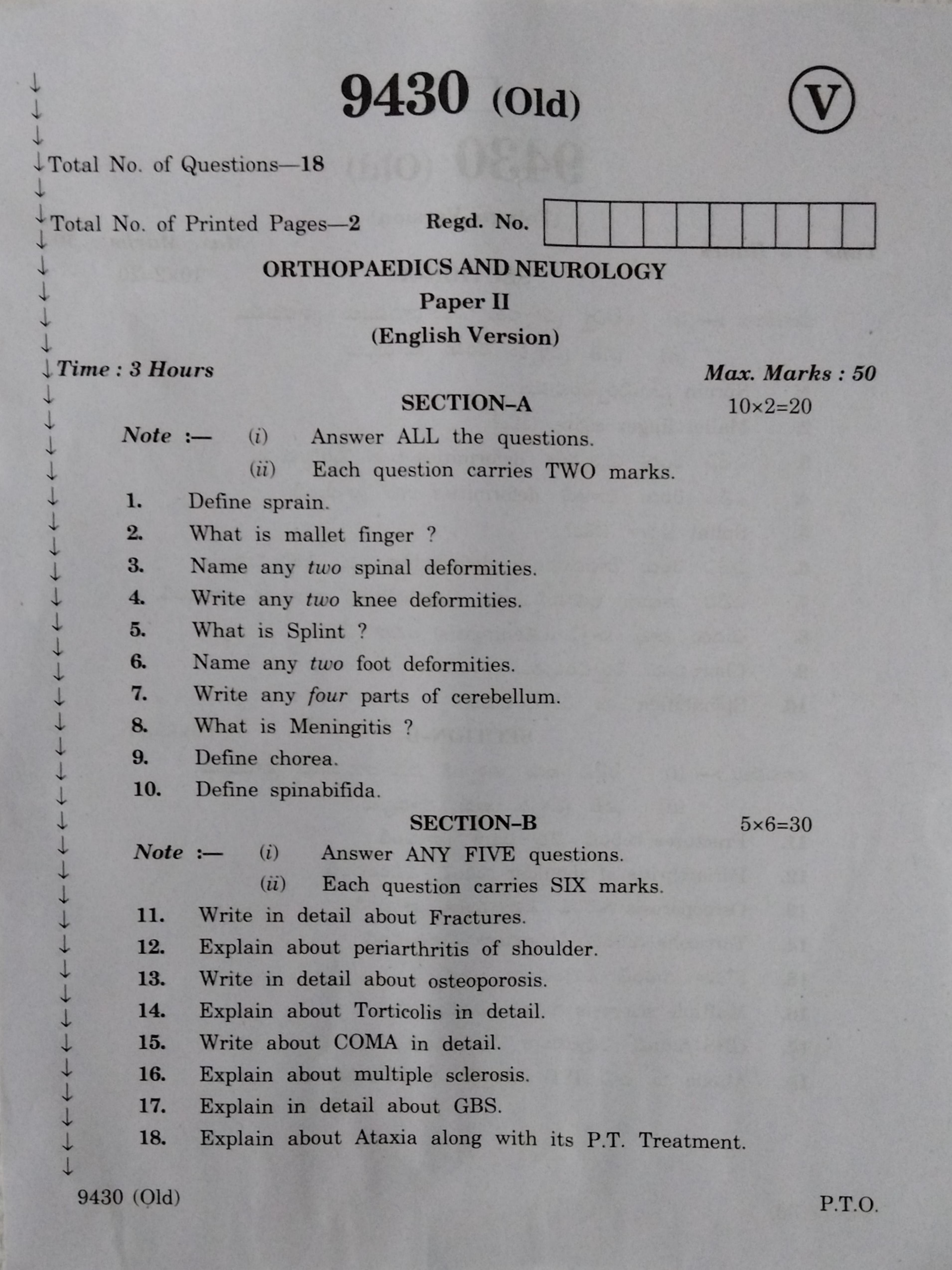 AP Inter 2nd Year Vocational Question Paper March - 2020 - Orthopedics and Neurology - II (old) - Page 1