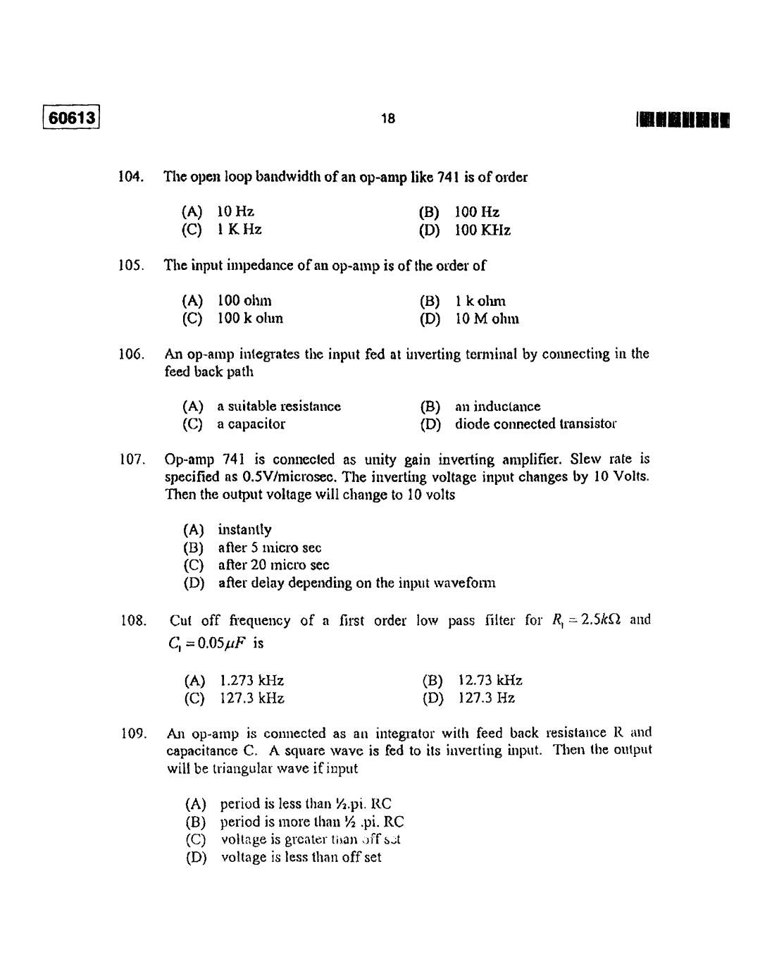 CUSAT CAT 2013 Electronic Science Question Paper - Page 19