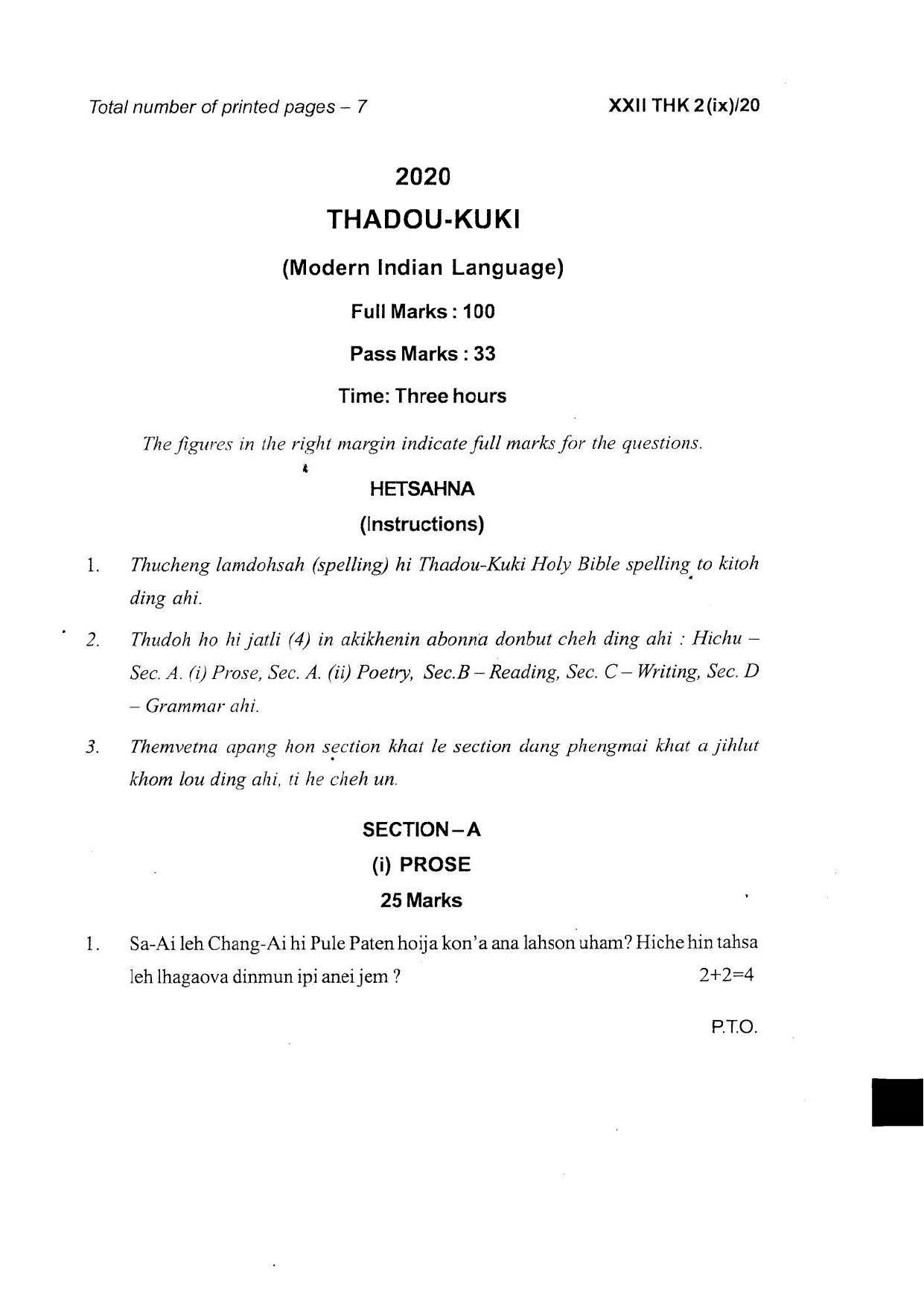 COHSEM Class 12 Thadou Kuki Question Papers 2020 - Page 1