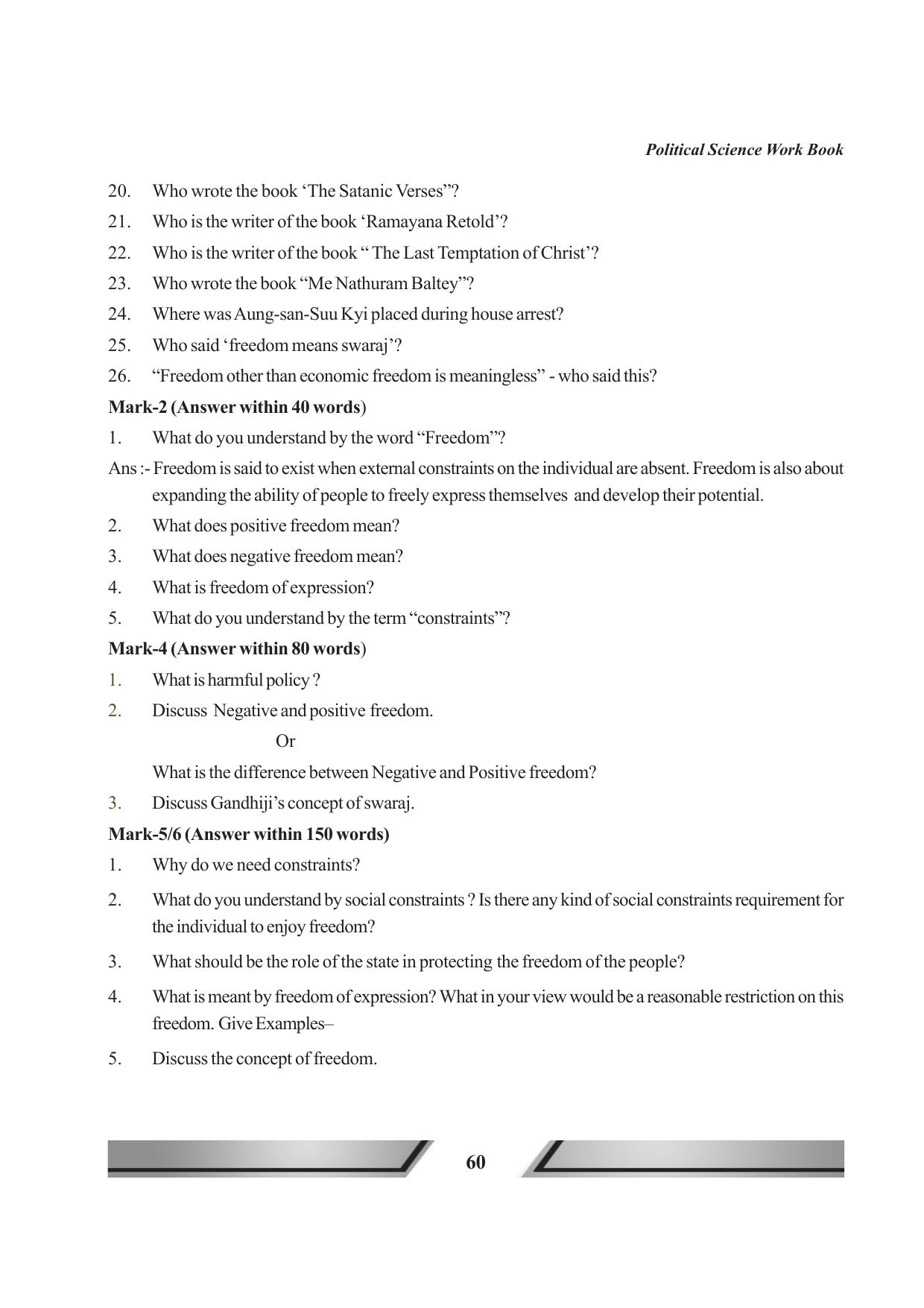 Tripura Board Class 11 Political Science English Version Workbooks - Page 60