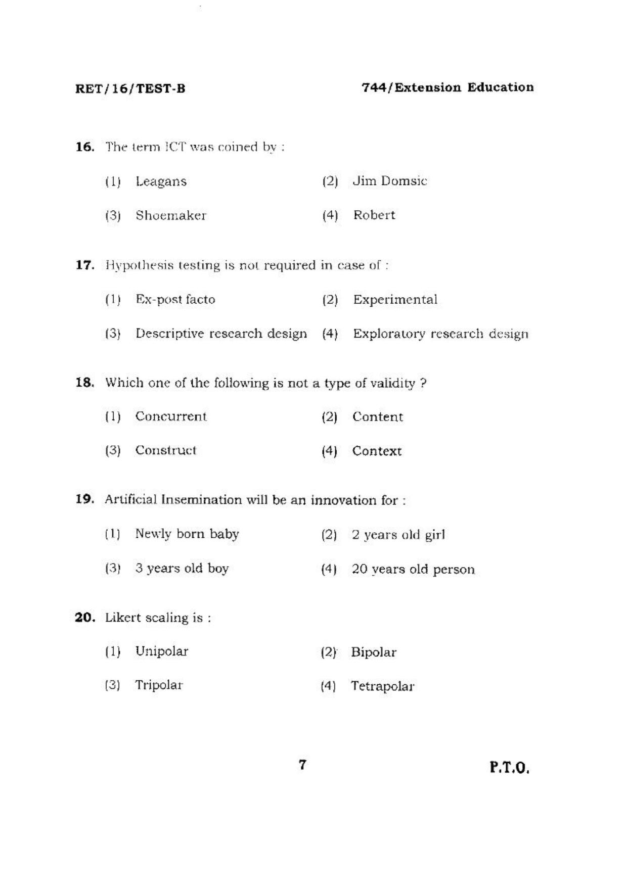 BHU RET (Agriculture) Extension Education 2016 Question Paper - Page 7