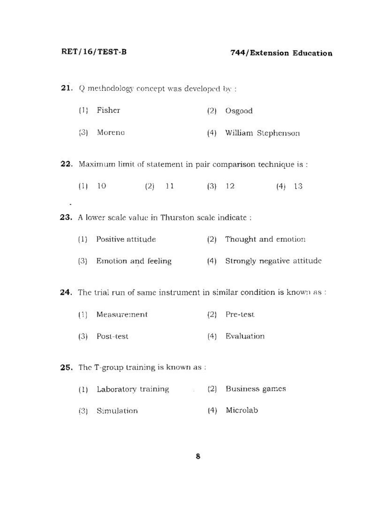 BHU RET (Agriculture) Extension Education 2016 Question Paper - Page 8