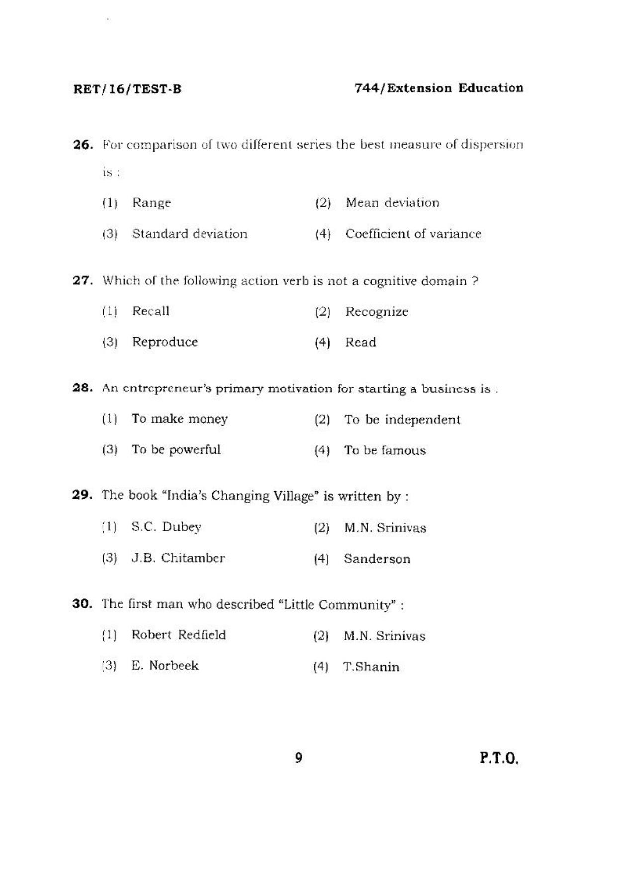 BHU RET (Agriculture) Extension Education 2016 Question Paper - Page 9