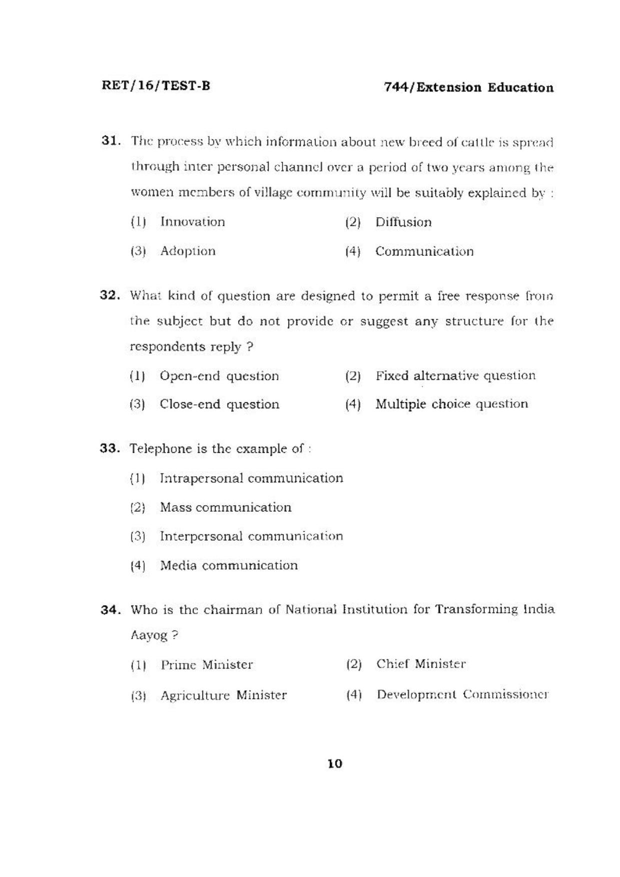 BHU RET (Agriculture) Extension Education 2016 Question Paper - Page 10