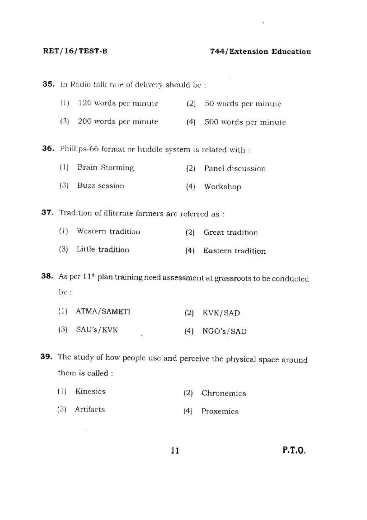 BHU RET (Agriculture) Extension Education 2016 Question Paper - Page 11