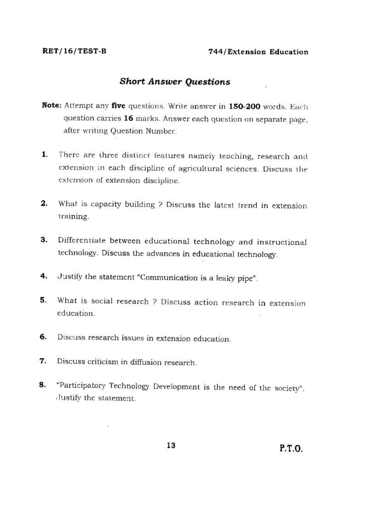 BHU RET (Agriculture) Extension Education 2016 Question Paper - Page 13