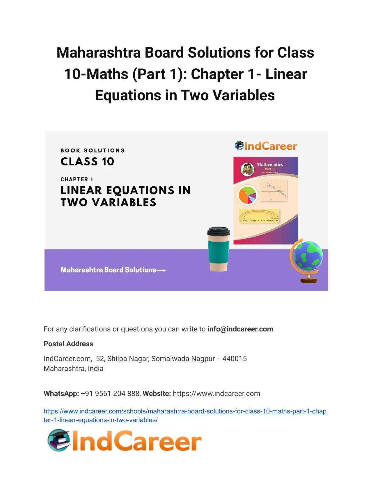 Maharashtra Board Solutions for Class 10-Maths (Part 1): Chapter 1- Linear Equations in Two Variables - Page 1