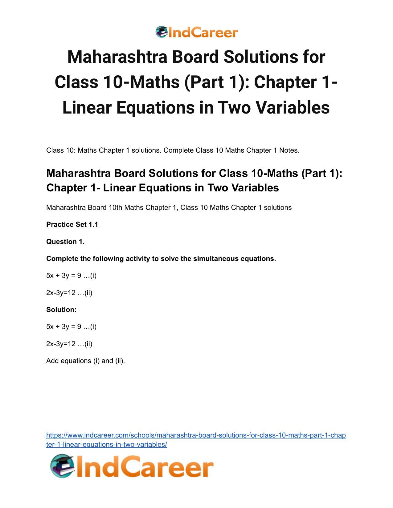 Maharashtra Board Solutions for Class 10-Maths (Part 1): Chapter 1- Linear Equations in Two Variables - Page 2