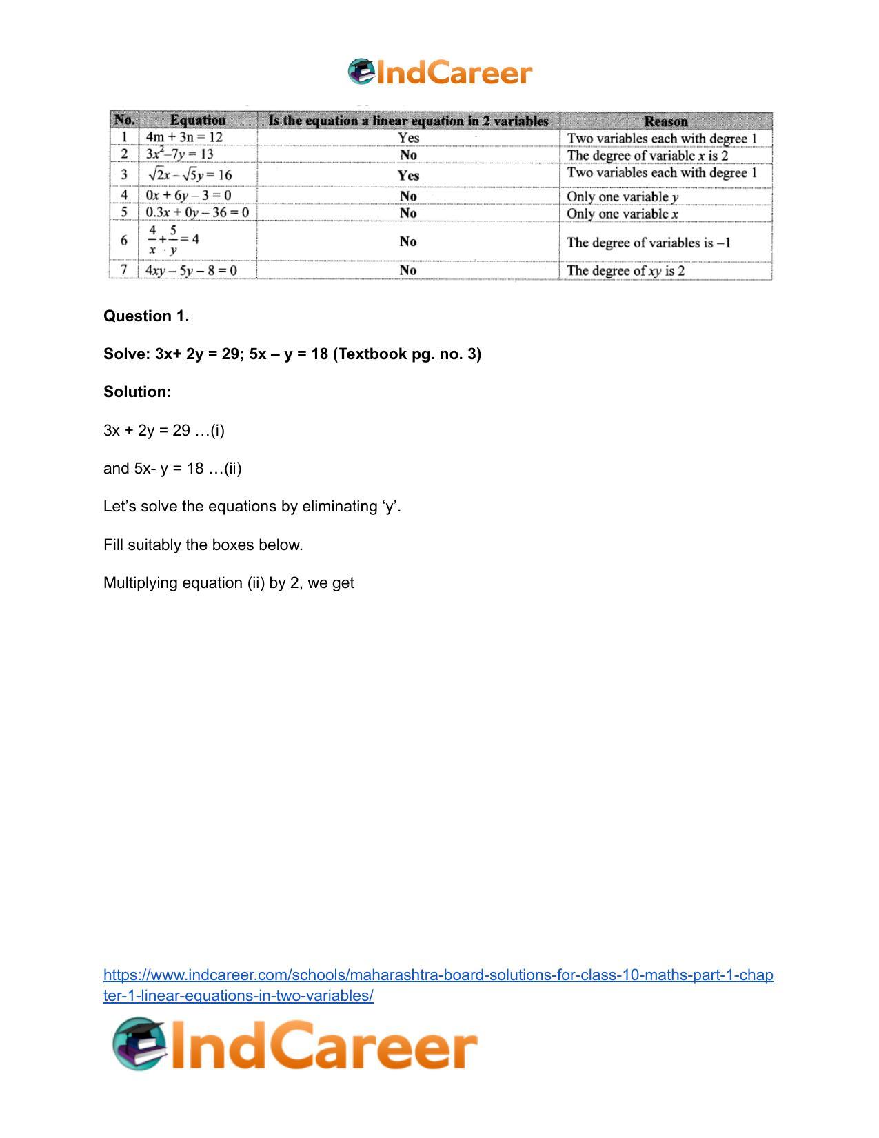 Maharashtra Board Solutions for Class 10-Maths (Part 1): Chapter 1- Linear Equations in Two Variables - Page 10