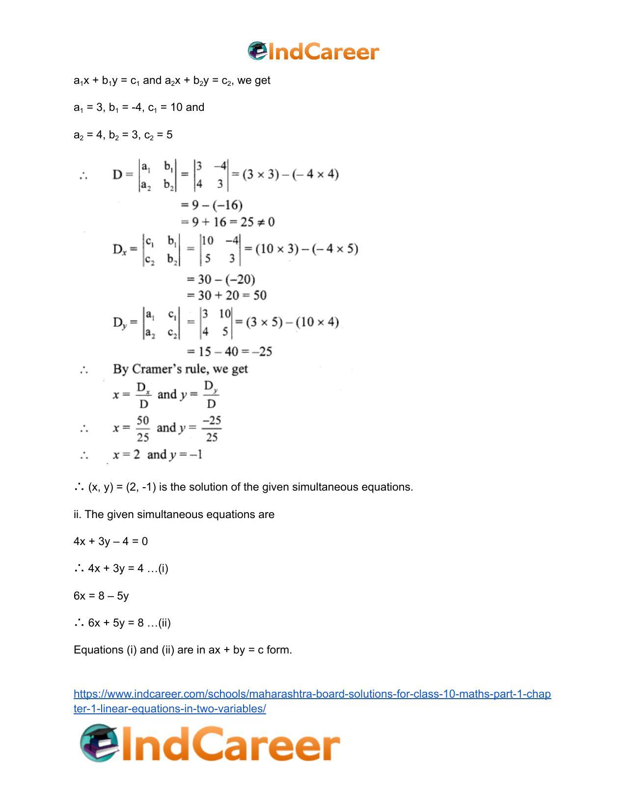 Maharashtra Board Solutions for Class 10-Maths (Part 1): Chapter 1- Linear Equations in Two Variables - Page 34