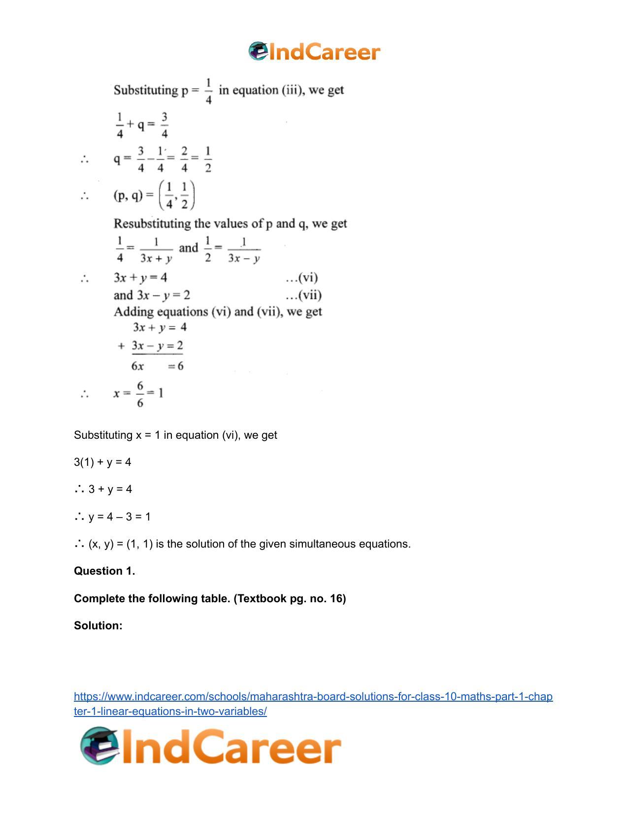 Maharashtra Board Solutions for Class 10-Maths (Part 1): Chapter 1- Linear Equations in Two Variables - Page 49