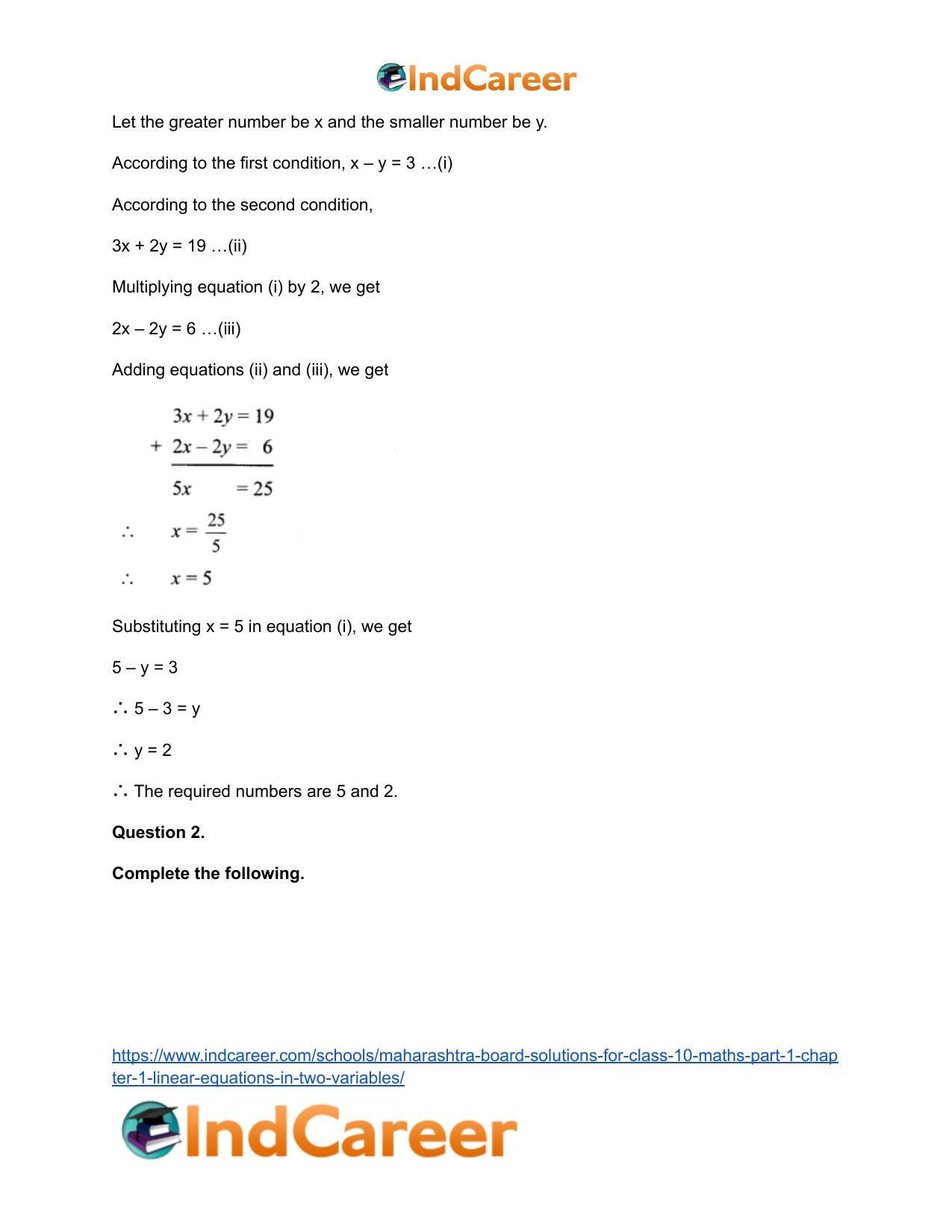 Maharashtra Board Solutions for Class 10-Maths (Part 1): Chapter 1- Linear Equations in Two Variables - Page 56