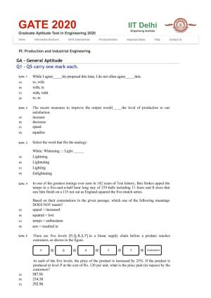GATE 2020 Production and Industrial Engineering (PI) Question Paper