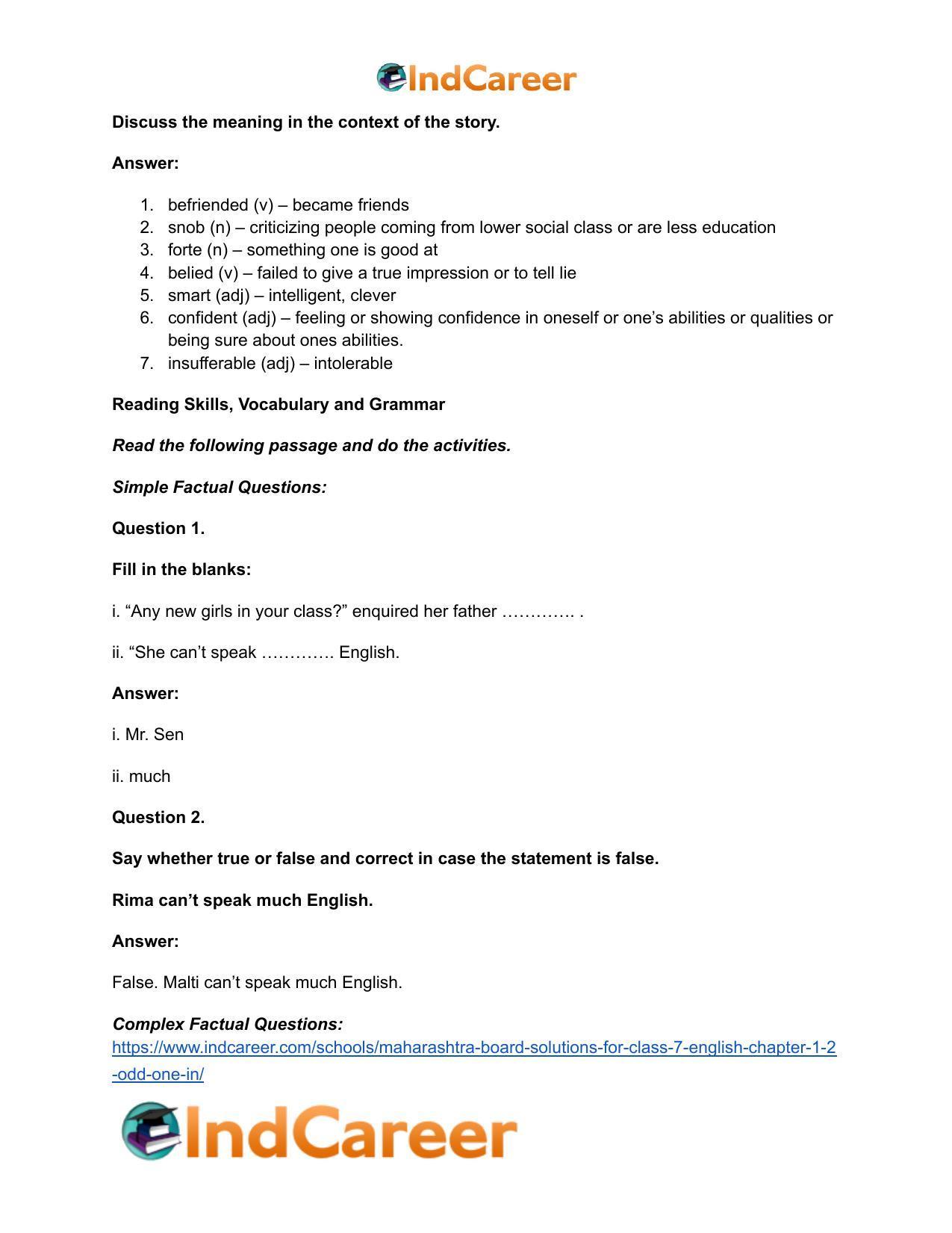 Maharashtra Board Solutions for Class 7- English: Chapter 1.2- Odd One In - Page 11