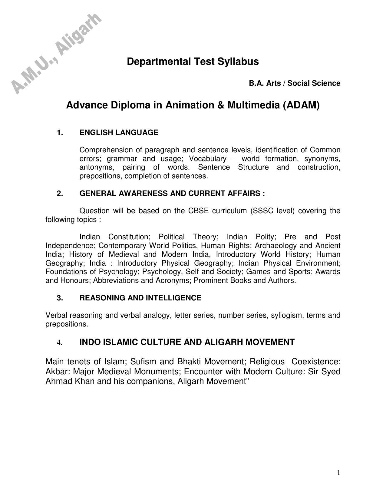 AMU Entrance Exam: Diploma in Animation & Multimedia Syllabus - Page 1