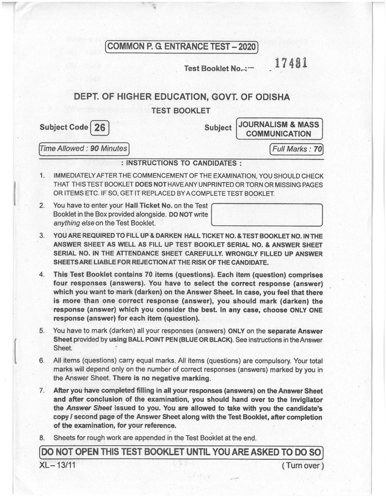 Odisha CPET 2021 JOURNALISM & MC Question Paper - Page 1