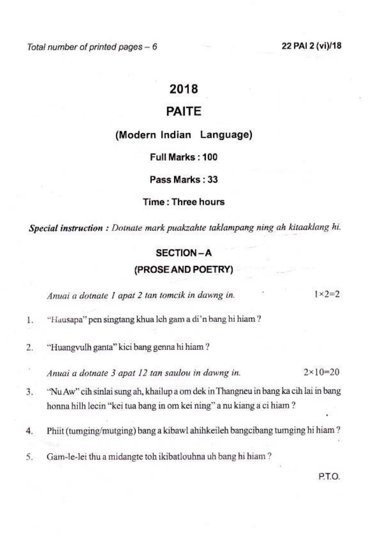 COHSEM Class 12 Paite (M.I.L.) 2018 Question Papers - Page 1