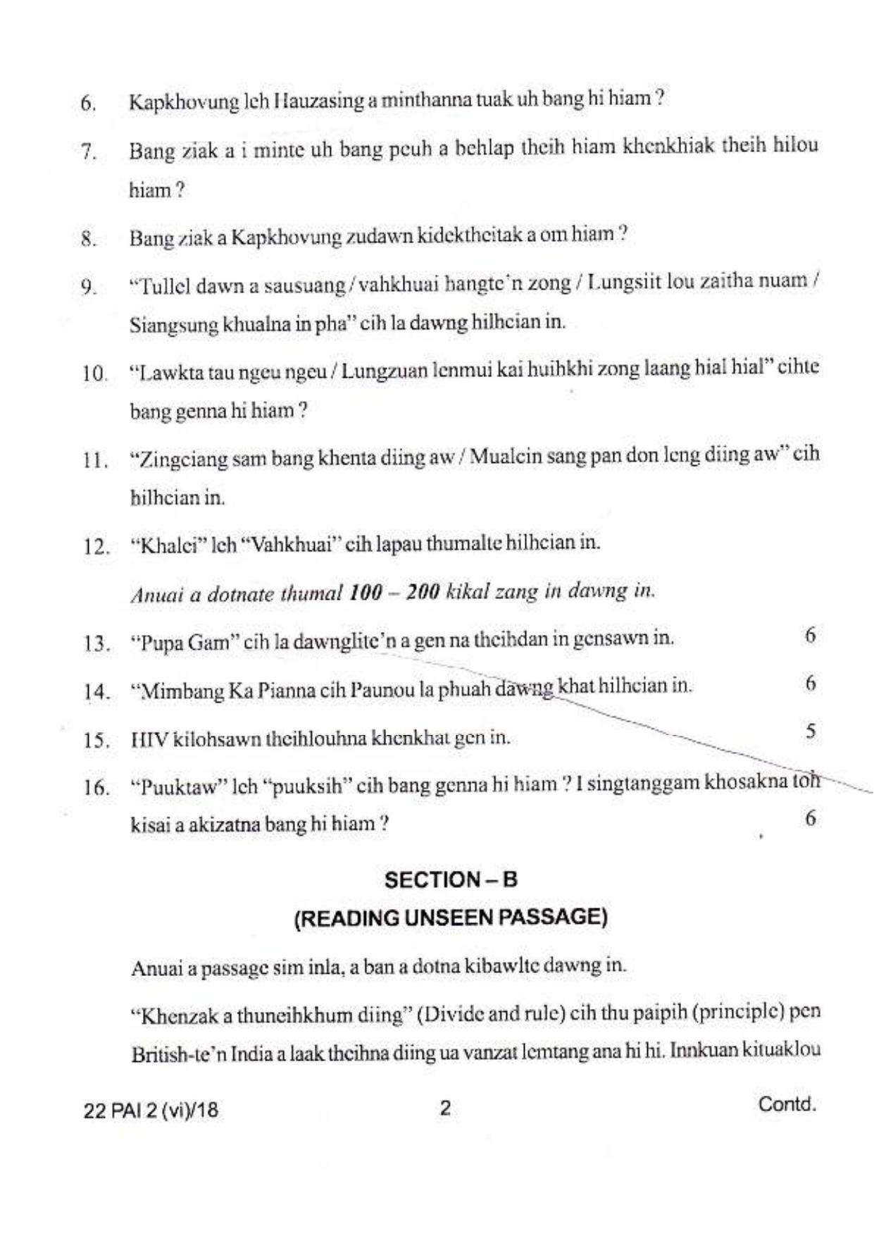 COHSEM Class 12 Paite (M.I.L.) 2018 Question Papers - Page 2