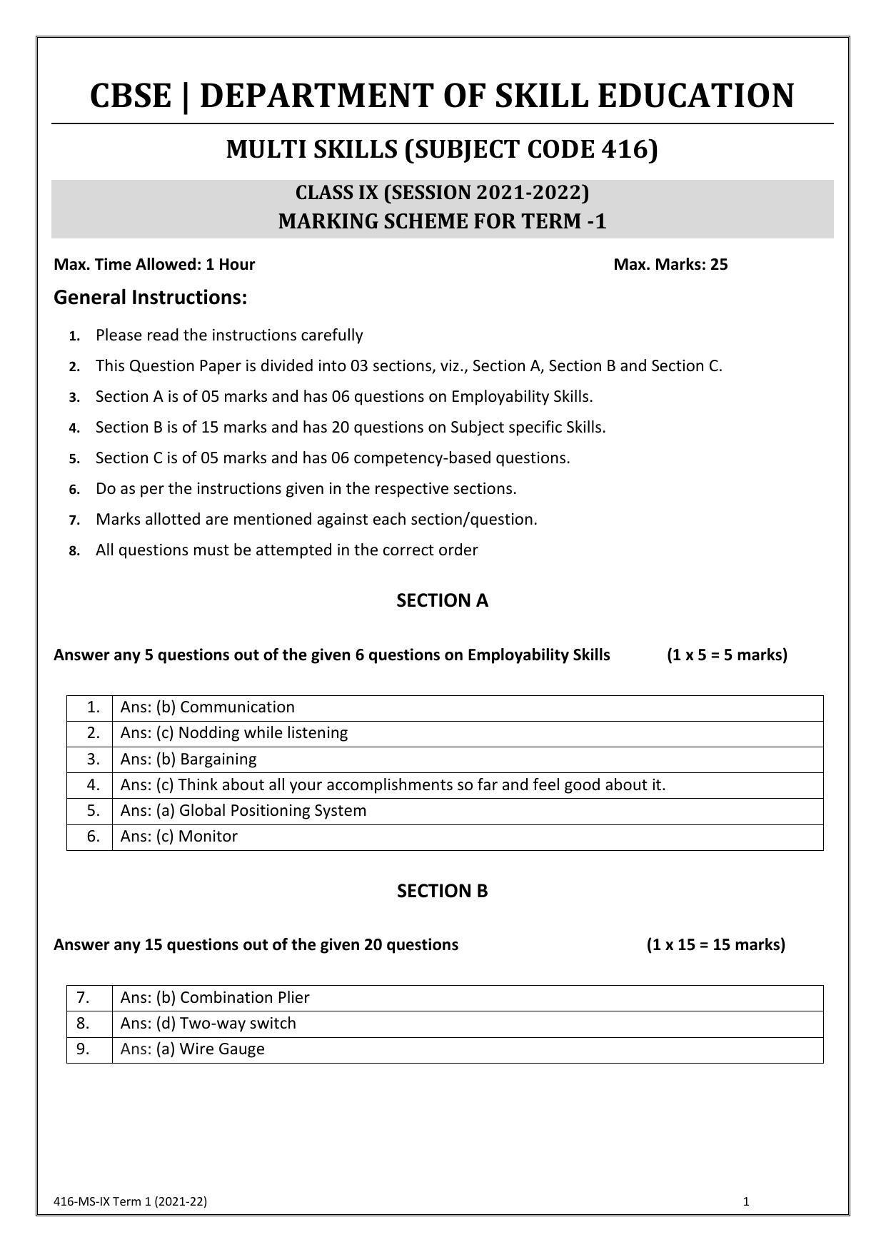 CBSE Class 10 Skill Education (Term I) - Multi Skill Marking Scheme 2021-22 - Page 1