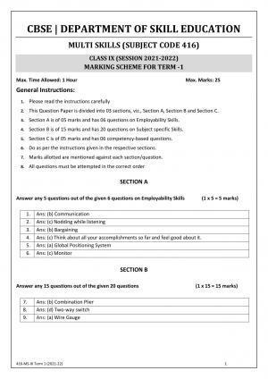 CBSE Class 10 Skill Education (Term I) - Multi Skill Marking Scheme 2021-22