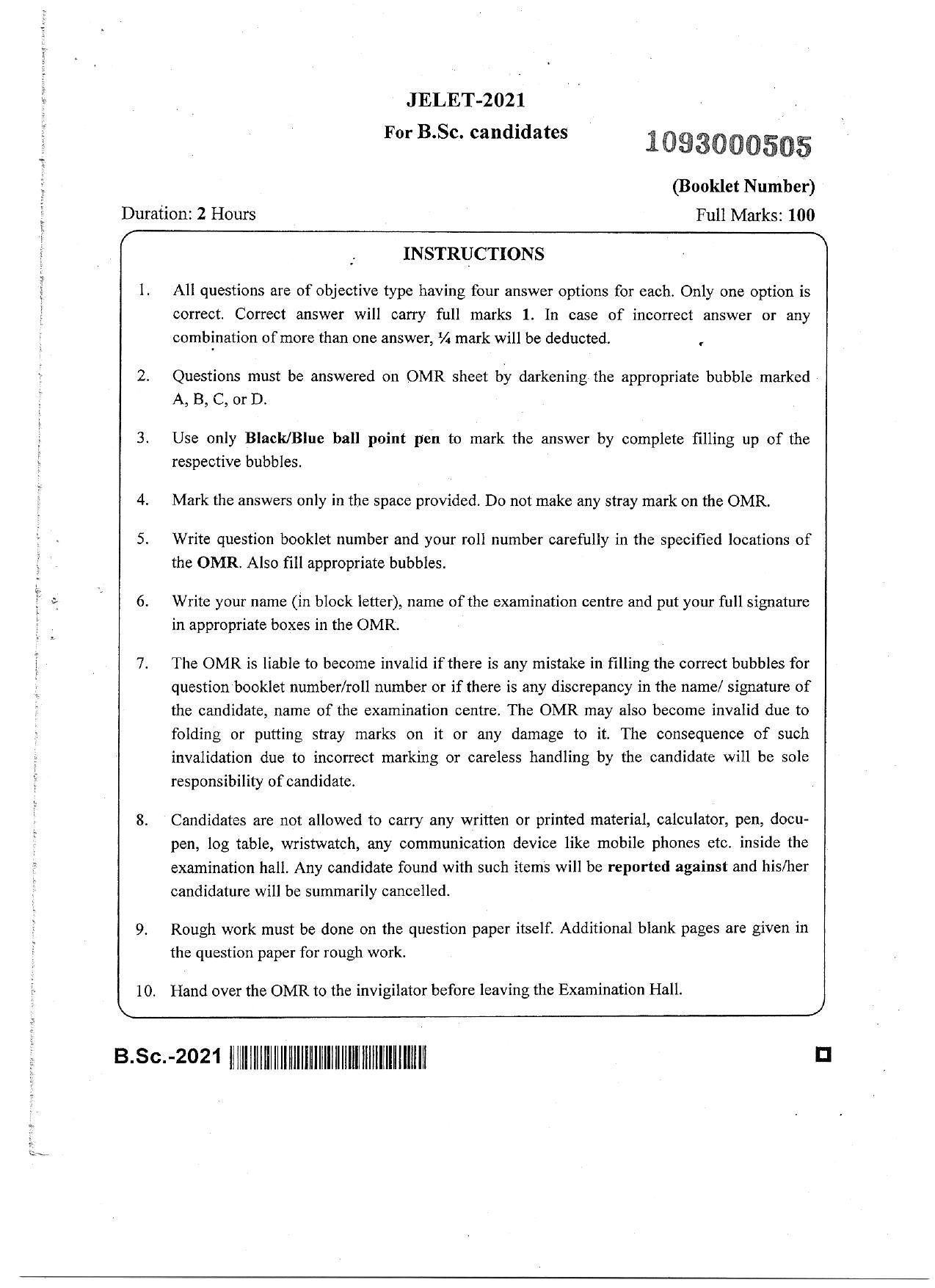 WBJEE JELET 2021 ( B.Sc.) - Page 1