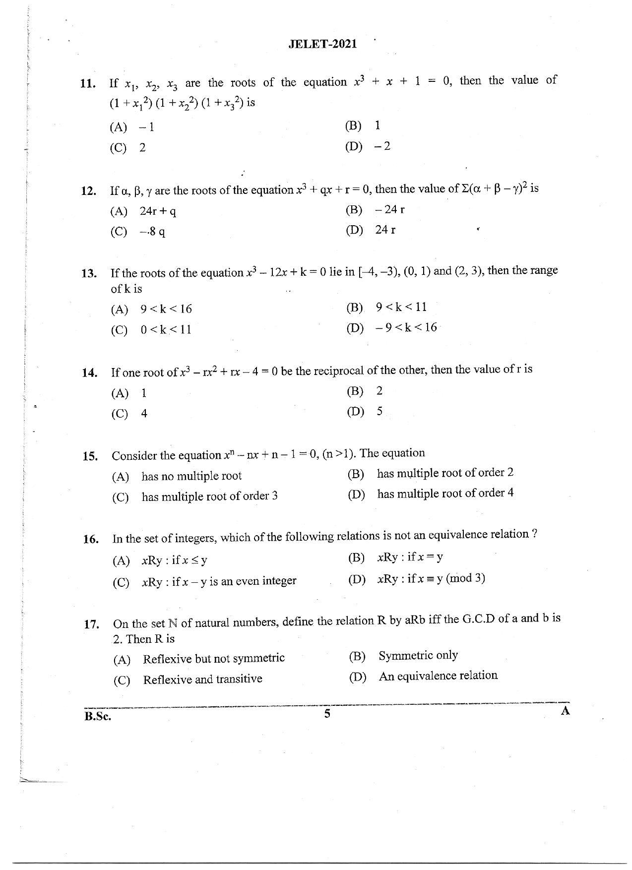 WBJEE  JELET 2021 ( B.Sc.) - Page 5