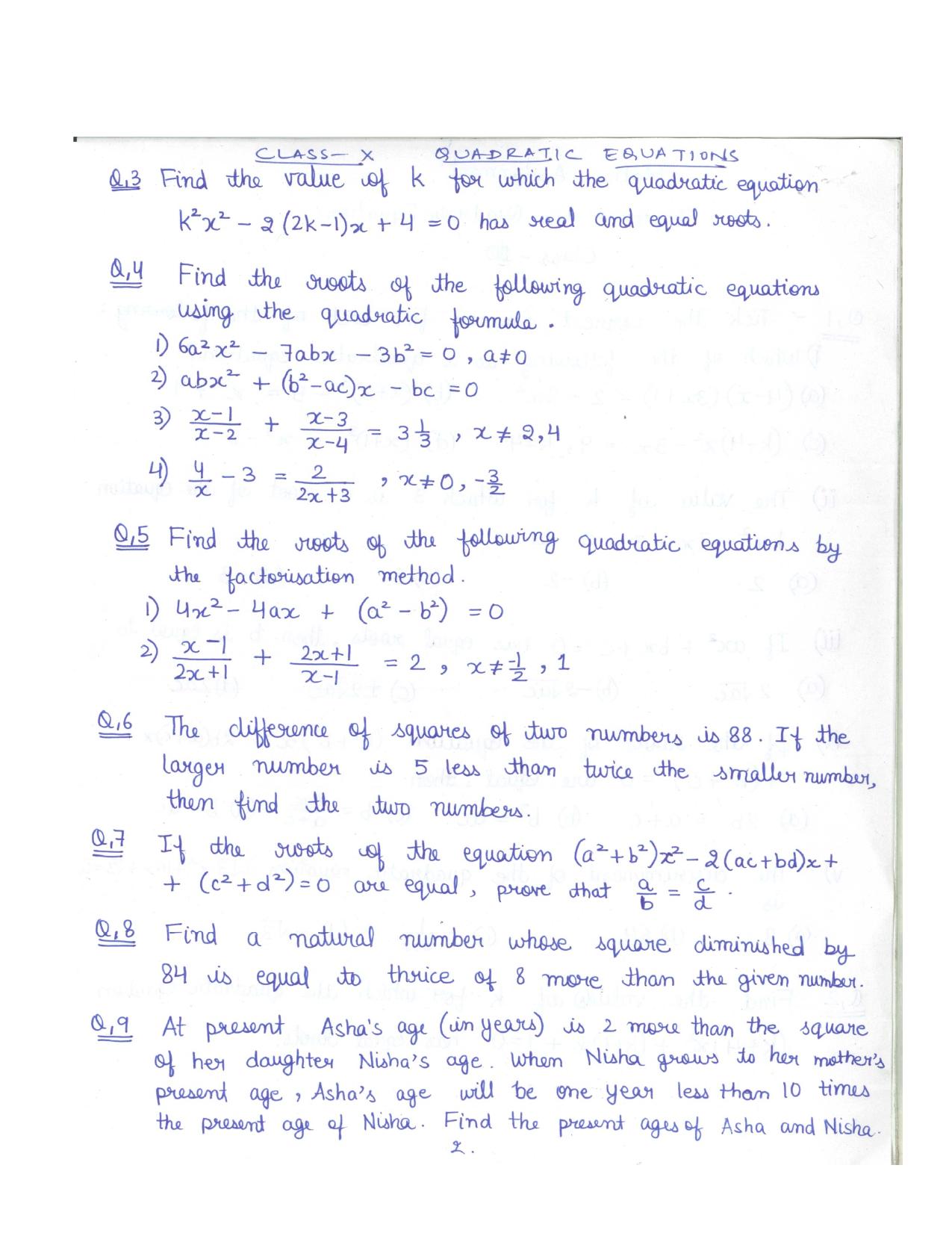 CBSE Worksheets for Class 10 Maths Quadratic Equation Assignment 1 - Page 2