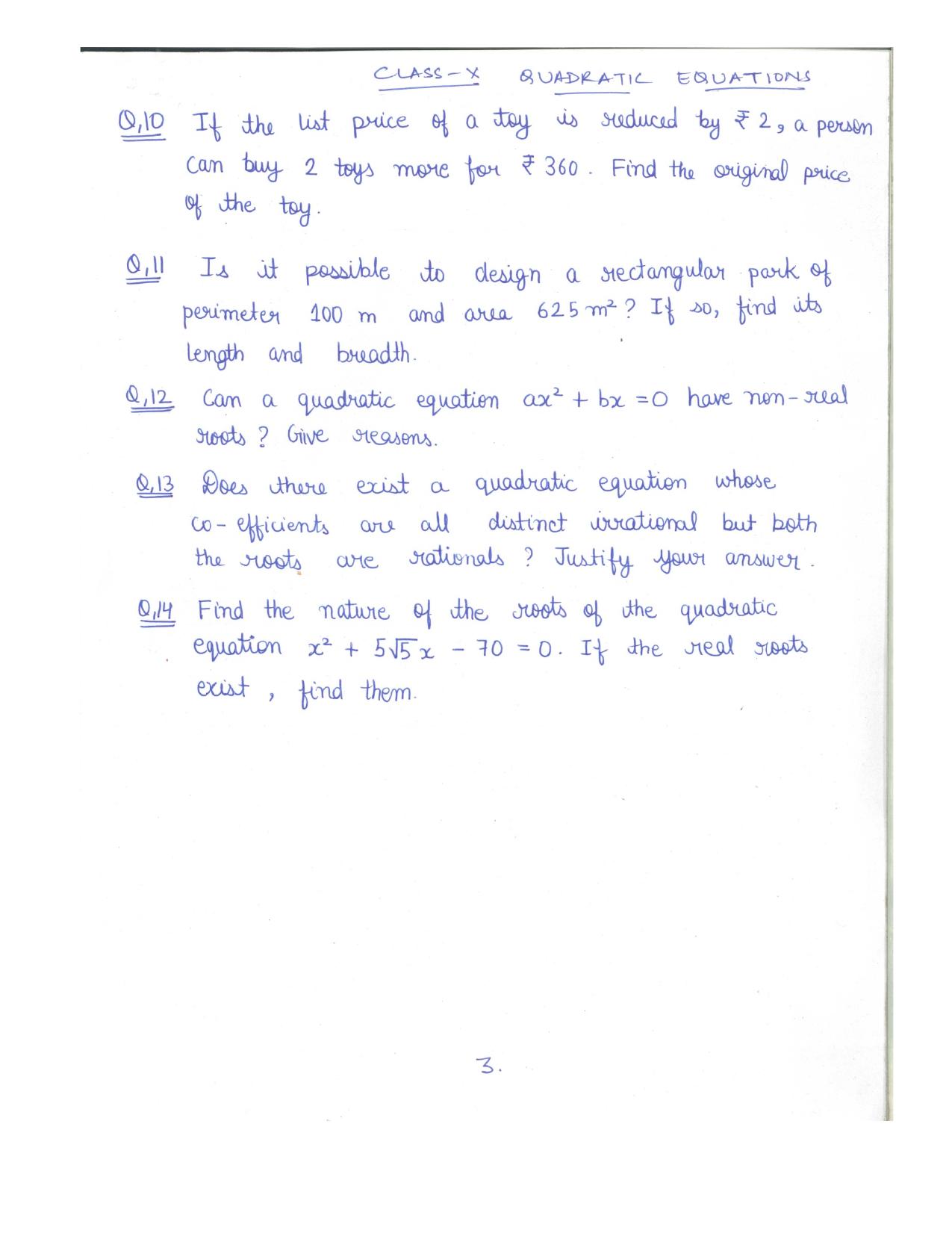 CBSE Worksheets for Class 10 Maths Quadratic Equation Assignment 1 - Page 3