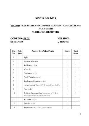 Kerala Plus Two (Class 12th) Answer Key 2022 - Chemistry