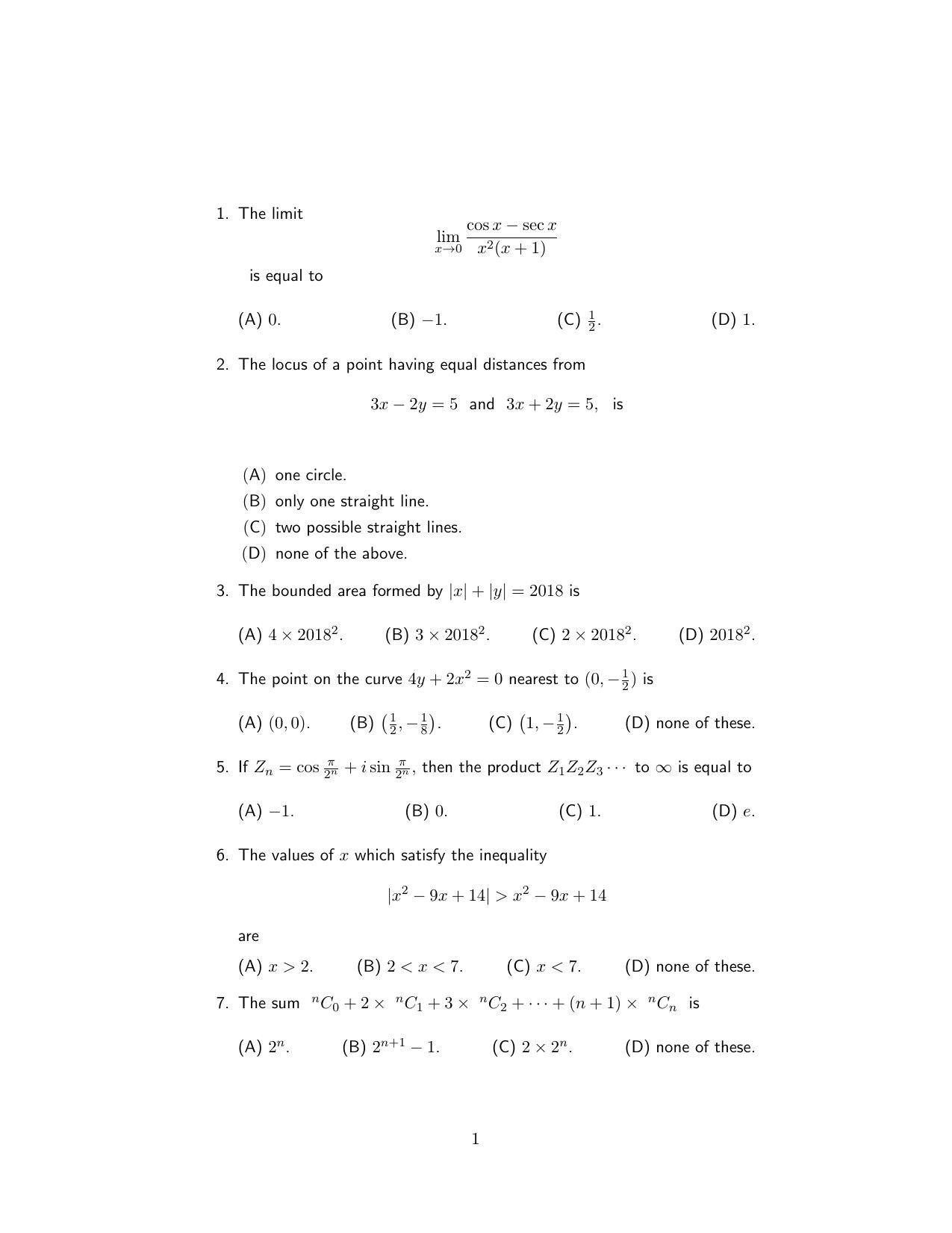 ISI Admission Test PG Diploma in Statistical Methods and Analytics DST 2018 Sample Paper - Page 1