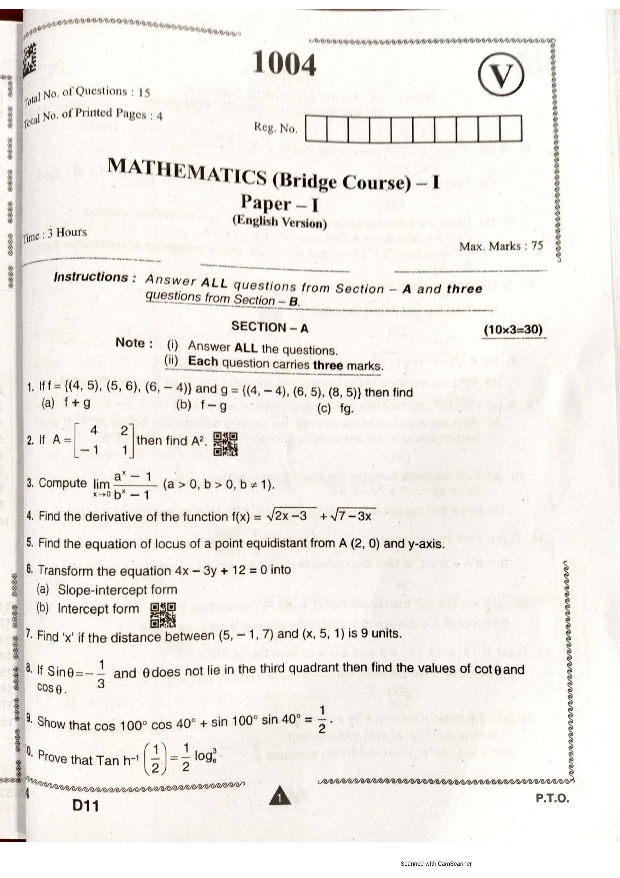AP Intermediate 2nd Year Vocational Question Paper September-2021- Mathematics(BridgeCourse)-I(1004) - Page 1