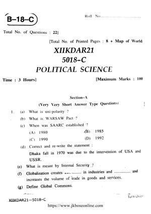 JKBOSE Class 12 Political-Science 5018-C Question Papers 2021