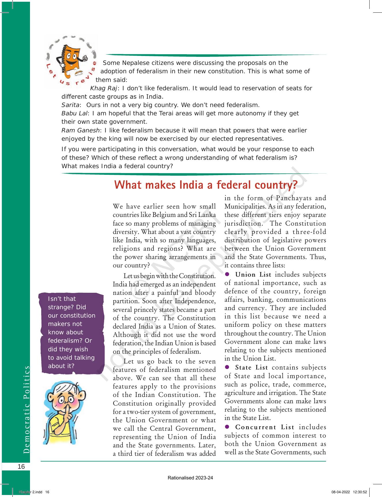 NCERT Book for Class 10 Political Science Chapter 2 Federalism