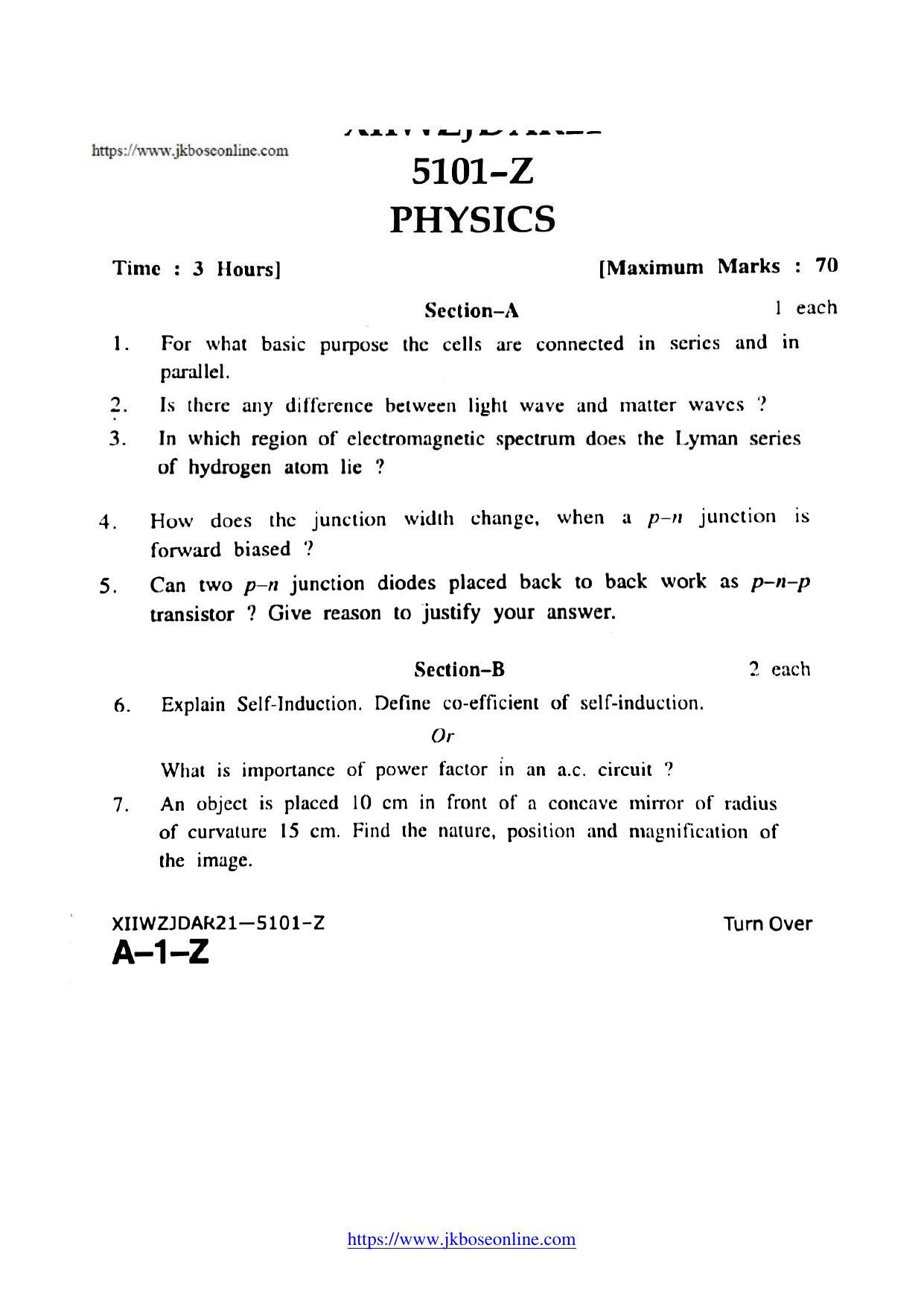 JKBOSE Class 12 Physics 5101-Z Question Papers 2021 - Page 1
