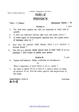 JKBOSE Class 12 Physics 5101-Z Question Papers 2021