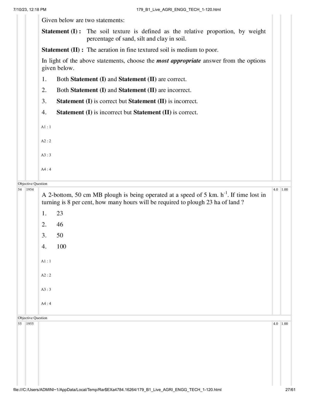 ICAR AIEEA PG 2023 AGRICULTURAL ENGINEERING AND TECHNOLOGY Question Paper - Page 27