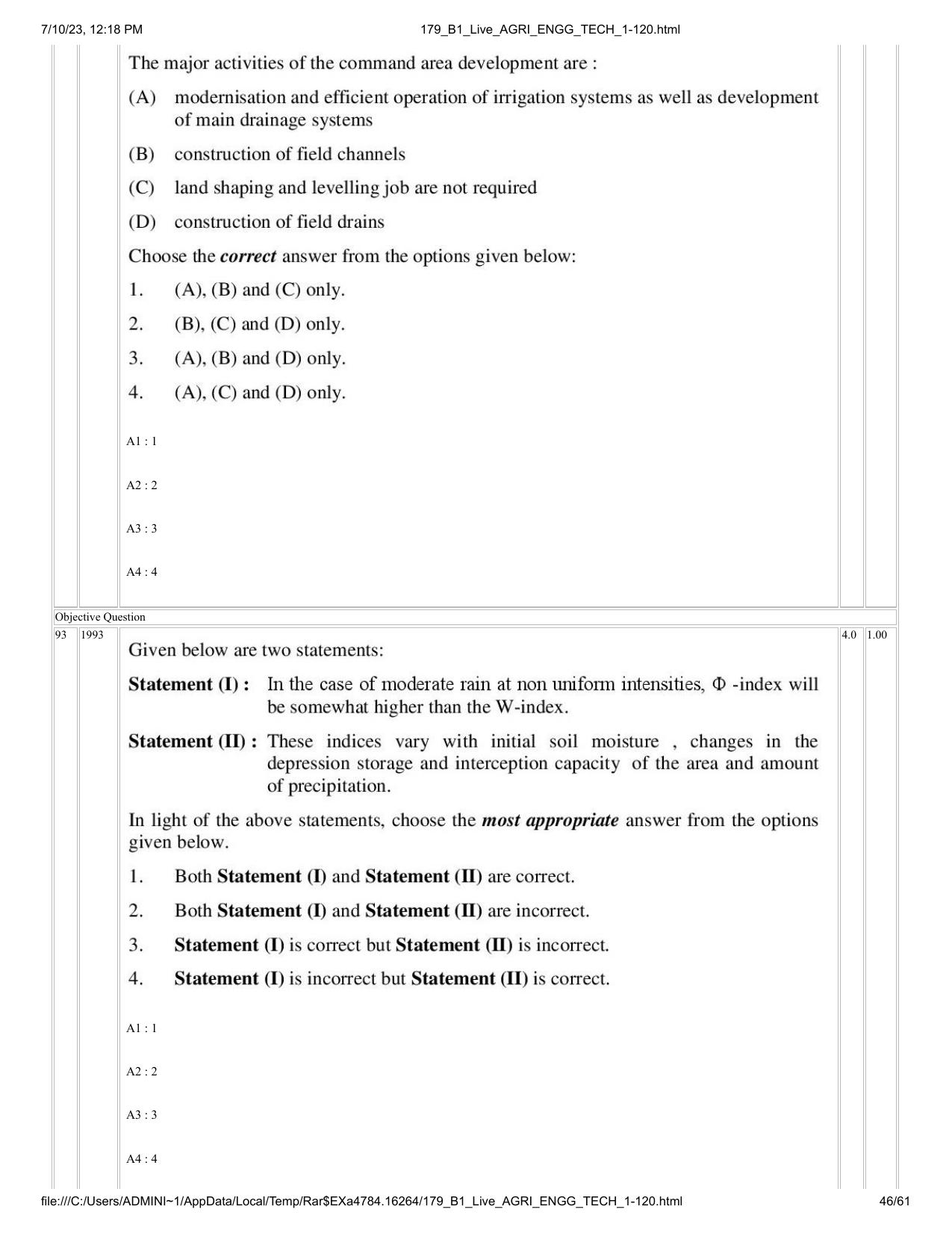 ICAR AIEEA PG 2023 AGRICULTURAL ENGINEERING AND TECHNOLOGY Question Paper - Page 46