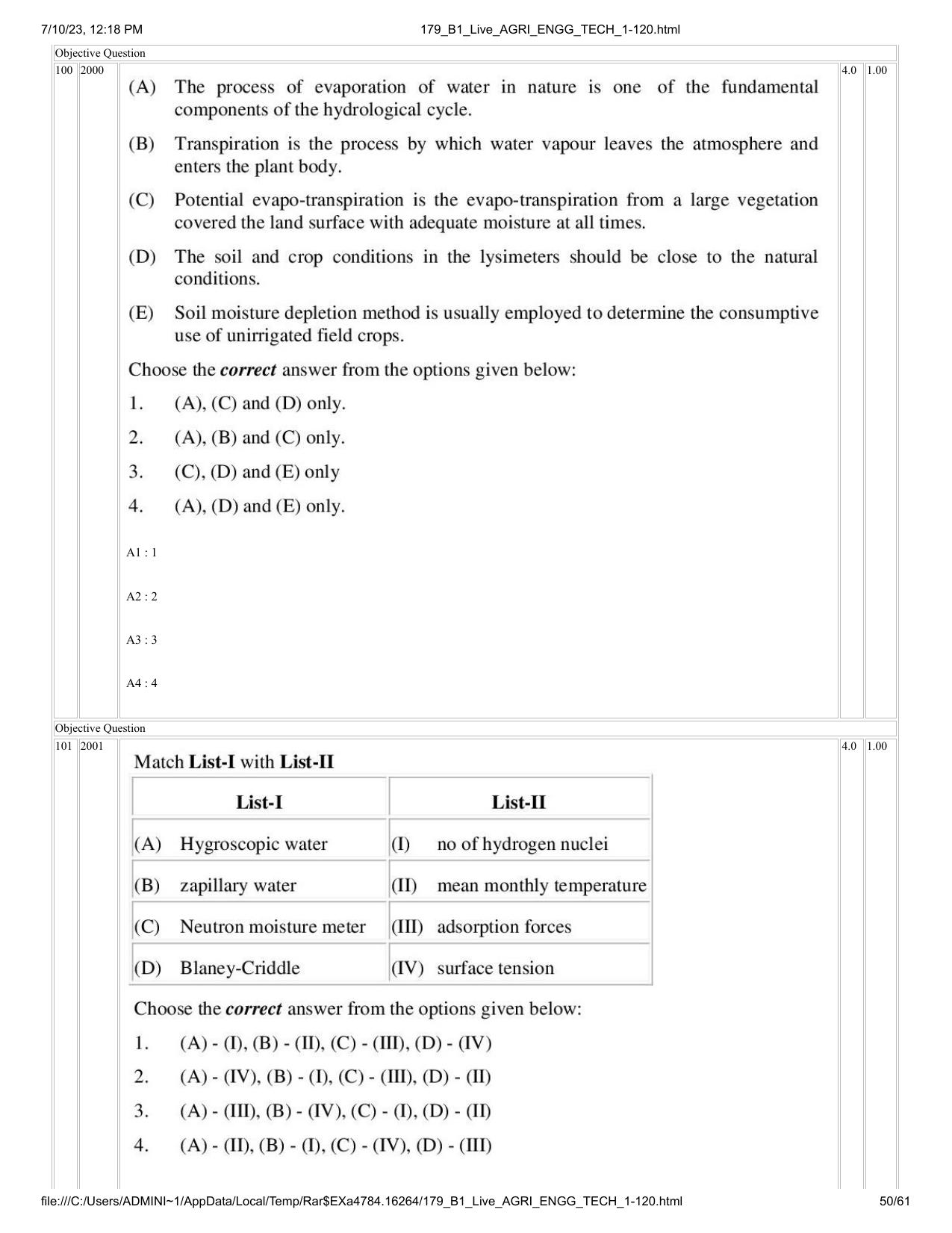 ICAR AIEEA PG 2023 AGRICULTURAL ENGINEERING AND TECHNOLOGY Question Paper - Page 50