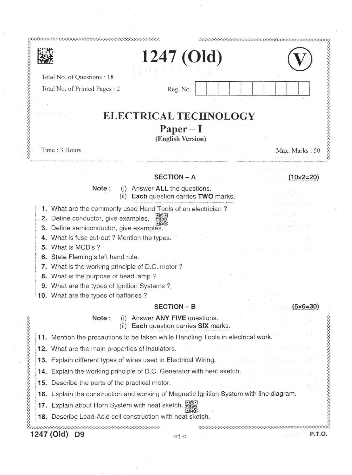 AP Intermediate 2nd Year Vocational Question Paper September-2021- Electrical_Technology-I - Page 1