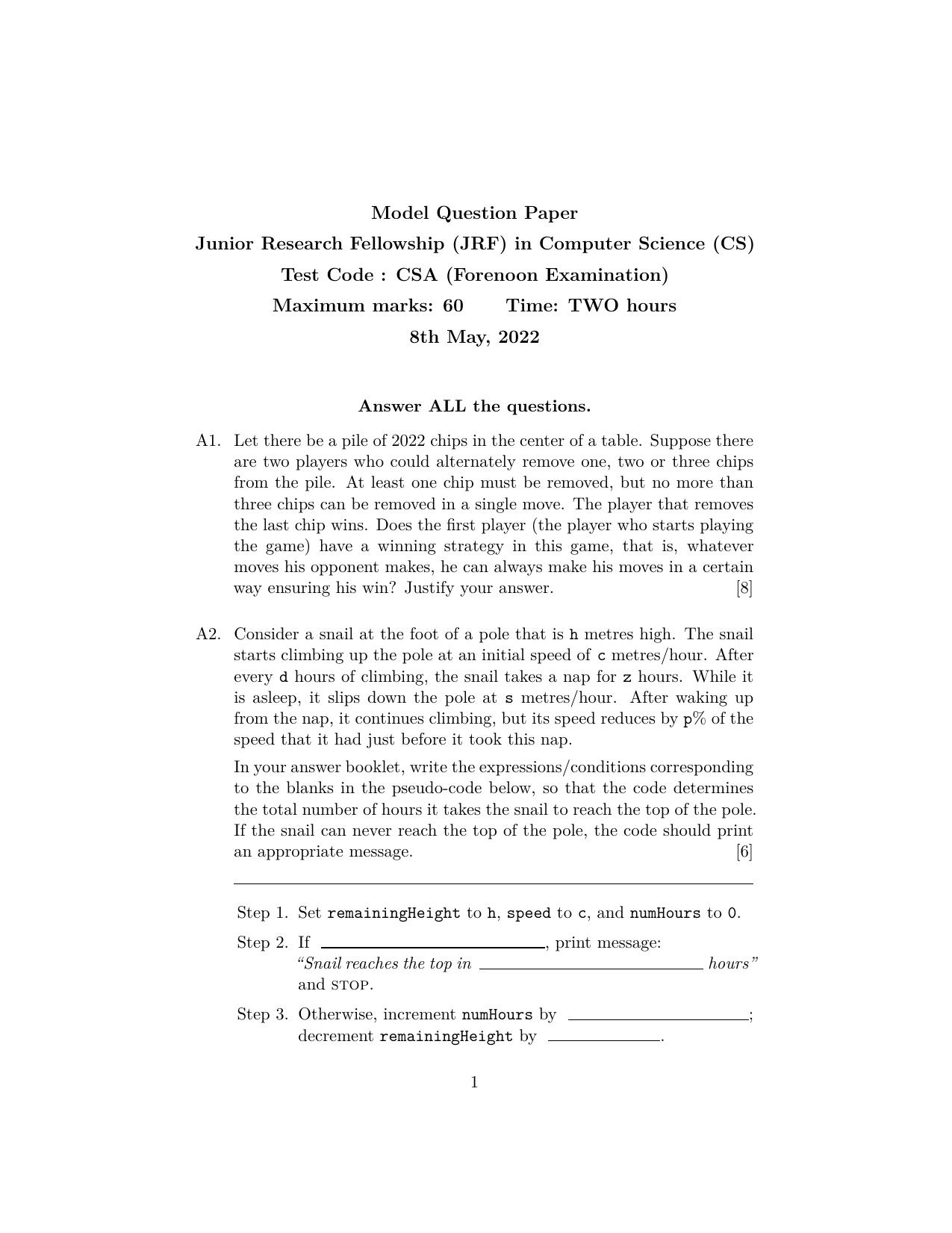 ISI Admission Test JRF in Computer Science (CSA) 2022 Sample Paper - Page 1