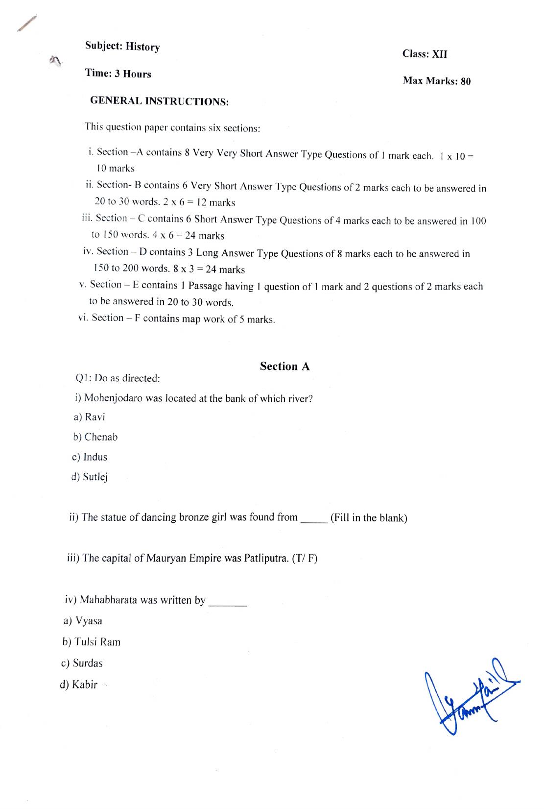 JKBOSE Class 12 History Model Question Paper - Page 1