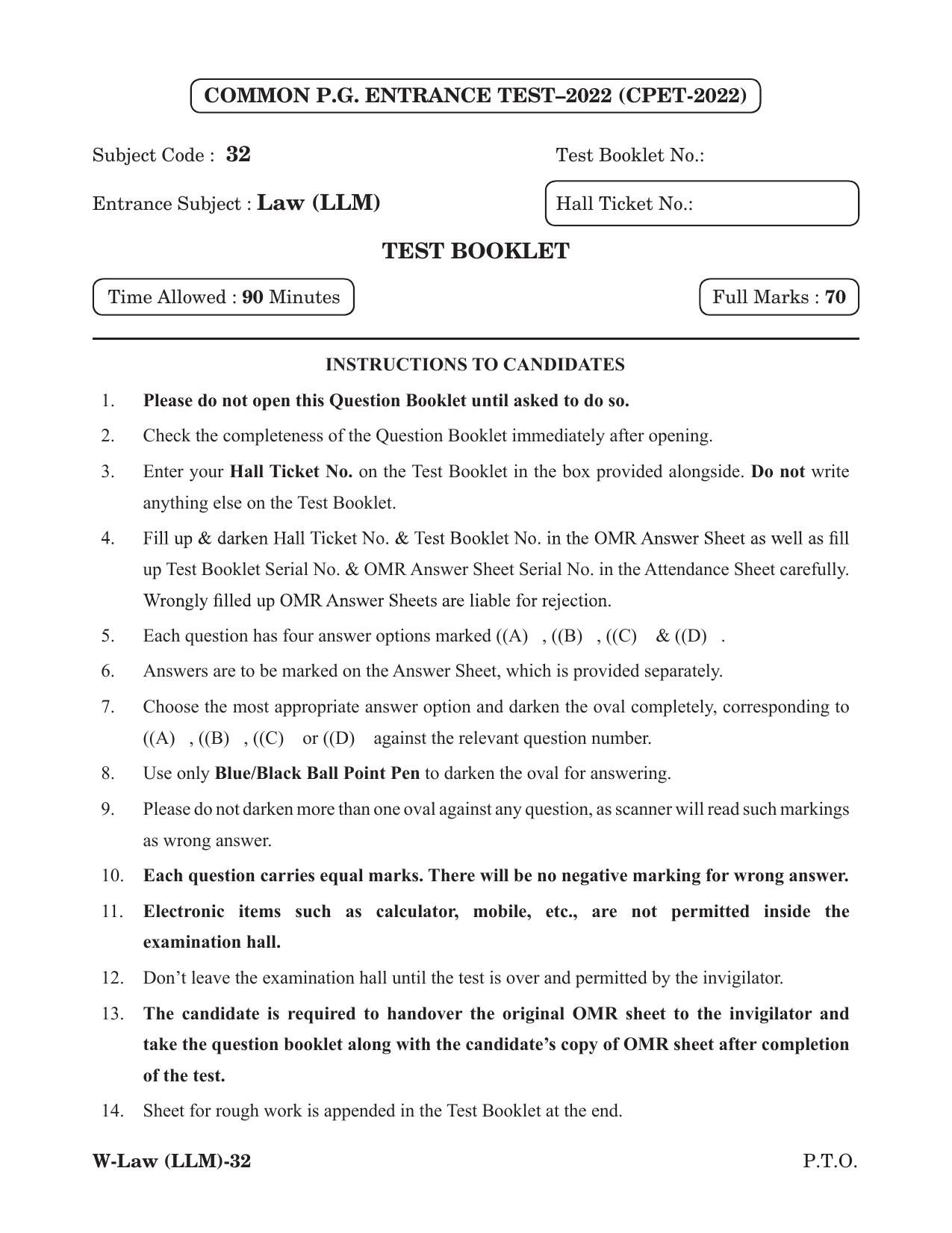 Odisha CPET 2022 LLM Question Paper - Page 1