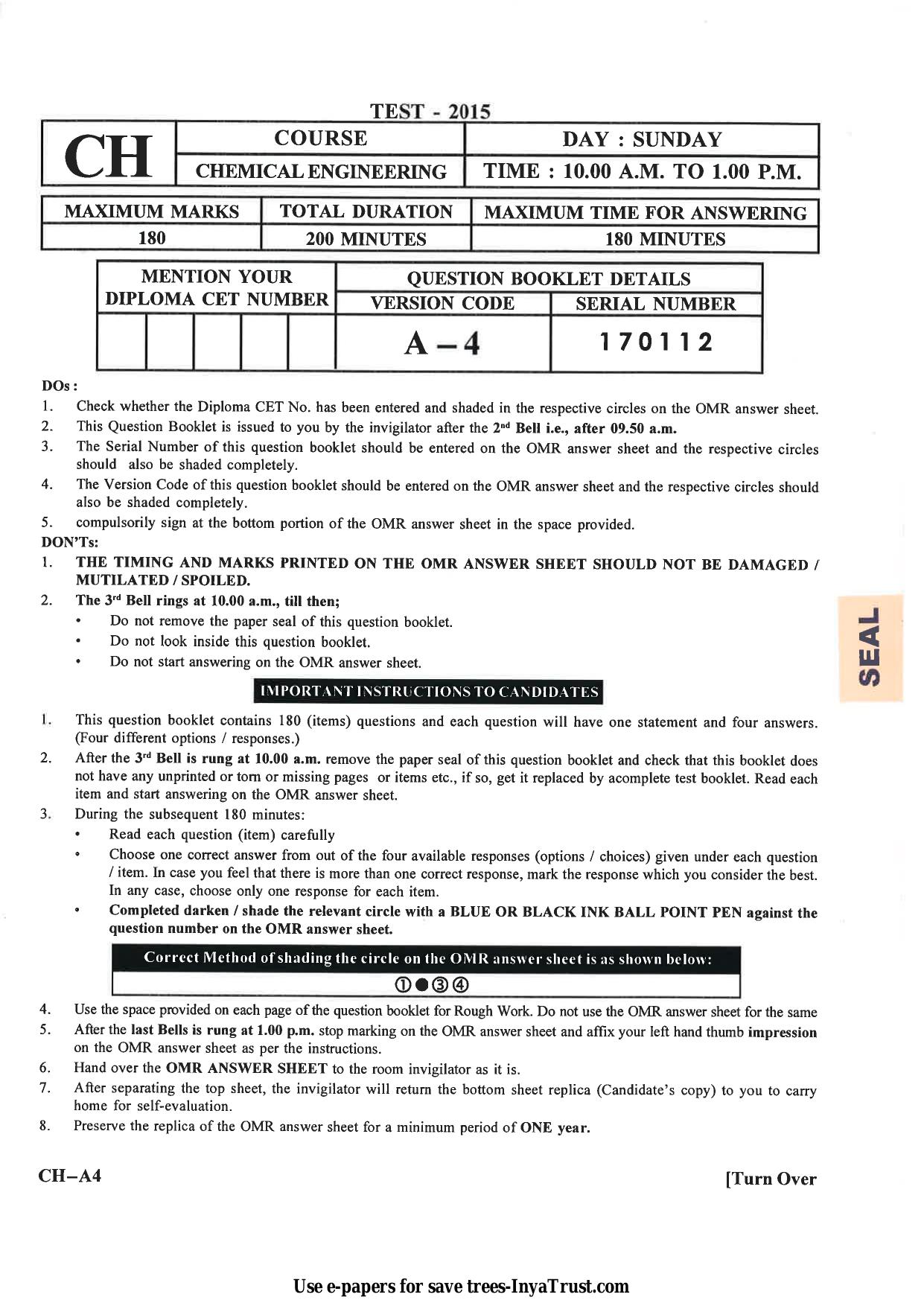 Karnataka Diploma CET- 2015 Chemical Engineering / Polymer Technology Question Paper - Page 1