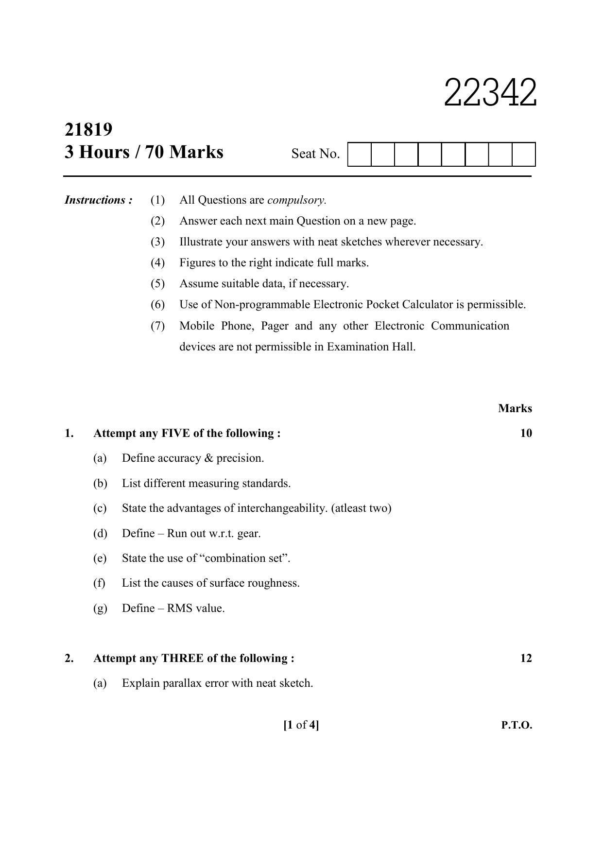 MSBTE Summer Question Paper 2019 - Engineering Metrology - Page 1