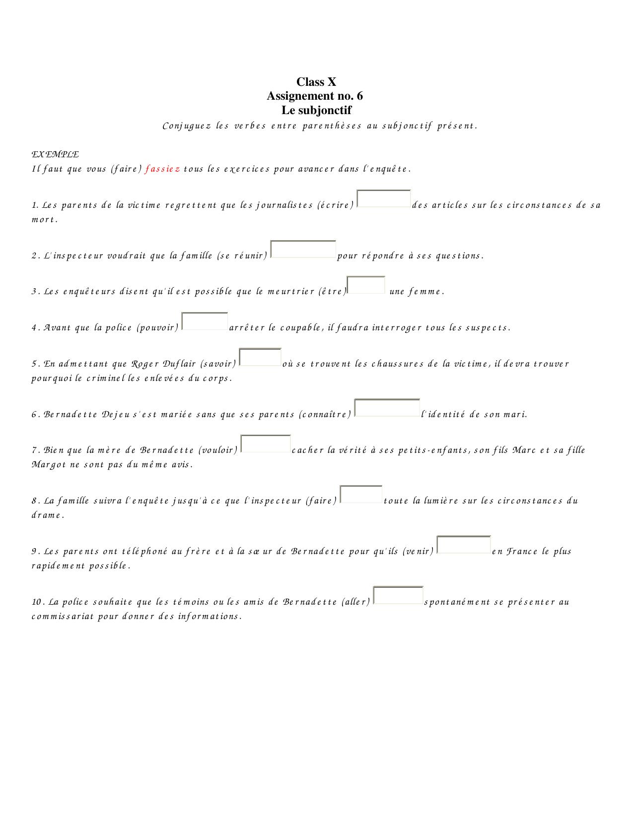 CBSE Worksheets for Class 10 French Assignment 5 - Page 1