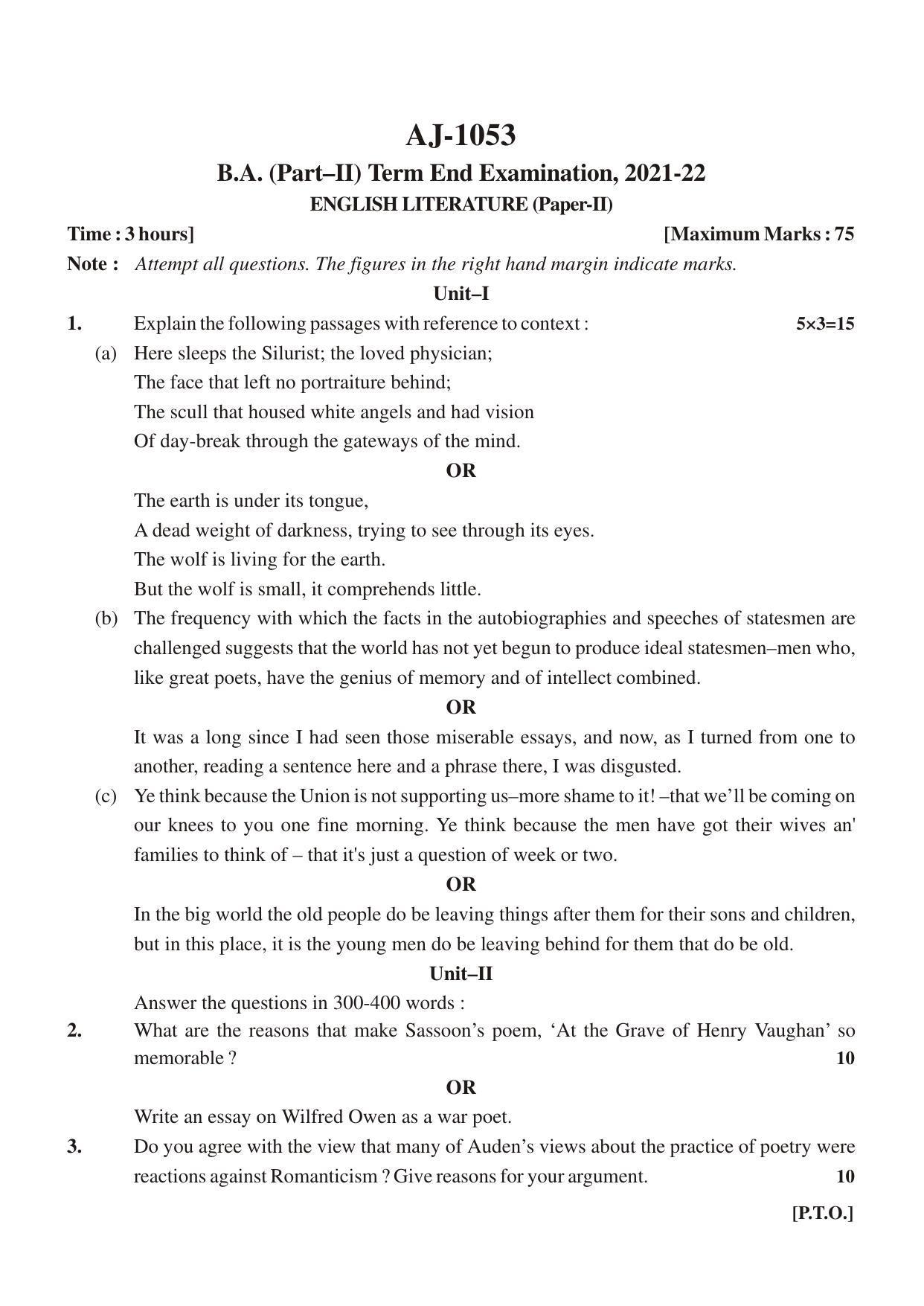 Bilaspur University Question Paper 2021-2022:B.A. Part-II (Two) English Literature Paper 2 - Page 1